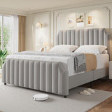 Garvee King Size Velvet Bed Frame With Nailhead Trim For Bedroom, 50.2 in Tall, Grey Upholstered Platform Bed - Grey