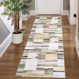 Garvee 2' x 6' Distressed Patchwork Runner Rug, Washable Non-Slip Soft Low-Pile Geometric Rug for Hallway, Kitchen & Entryway, Ivory & Sage Multi