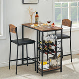 Garvee Dining Table Set For 2 with Storage Shelf and Wine Rack, Small Kitchen Bar Table and Chairs, Metal Frame, PU Cushion, Brown - Brown