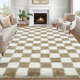 Garvee Checkered Area Rug 10x13 Large Thick Super Soft Shaggy Carpet Taupe-White for Living Room Nursery Bedroom Playroom - Taupe