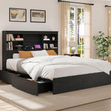 Garvee Full Size Bed Frame with High Storage Bookcase, 4 Storage Drawers, Built-in Charging Station, Vintage Black, 1000 LBS Capacity - Vintage Black