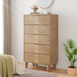 Garvee Modern Wooden 5 Drawer Dresser with Vintage Pattern Design, Oak and Gold, Tall Dresser for Bedroom, Living Room and Entryway