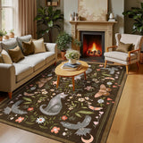 Garvee 9x12 Cat Floral Area Rug, Washable Non-Slip Soft Low Pile Vintage Botanical Circle Rug, Cute Animal Design Carpet for Living Room Bedroom Nursery Playroom, Brown