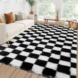 Garvee Checkered Area Rug 9x12 Thick Super Soft Shaggy Carpet Black and White for Living Room Nursery Bedroom - Black