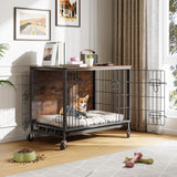 Garvee Dog Crate Furniture, 32.5'' Wooden Dog Kennel with Wheels and Double Door, Metal Dog Cage for Living Room, Bedroom, Outdoors, Brown - Brownish-Black