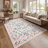 Garvee 8' x 10' Pink Floral Washable Area Rug, Non-Slip Soft Low-Pile Vintage Rug for Living Room, Bedroom, Kids Playroom & Home Office
