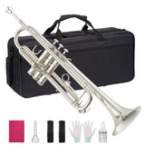 Garvee Bb Standard Trumpet Set for Beginner with Mouthpiece, Case, Cleaning Accessories, Brass Instrument for Students, Silver Nickel Finish