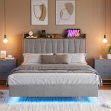 Garvee King Size Floating Bed Frame With Upholstered Storage Headboard, Charging Station & LED Lights, Linen Fabric, Grey, No Box Spring Needed - Grey
