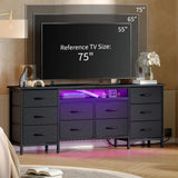 Garvee 63" Long Dresser with 10 Fabric Drawers, Entertainment Center TV Stand for 65"-75" TV, White, Power Outlet & LED Light
