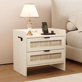 Garvee Rattan Nightstand with Type-C Charging Station, 2 Drawer Storage, Hook Included, Bedroom Office End Table, 23.6"x15.35"x22", Neutral Color - Milky White（2 Drawers）