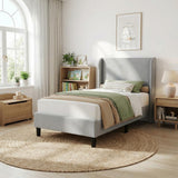 Garvee Twin Bed Frame with Headboard and Wingback, Velvet Upholstered, Light Grey, Twin Size, Storage Pockets
