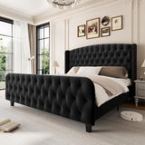 Garvee 51 in Tall Queen Size Bed Frame with Deep Button Tufted Wingback Headboard, Velvet Upholstered, Black, Platform Bed, No Box Spring Needed - Black