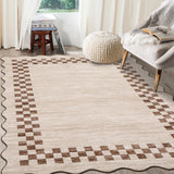 Garvee Bordered Beige 6x9 Area Rug Large Living Room Modern Border Throw Rug with Rubber Backing Stain Resistant Dining Room Throw Carpet Washable Scalloped Rug for Bedroom Home Decor Office