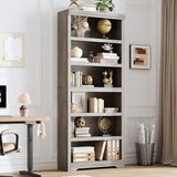 Garvee 6 Tier Bookshelf, 75" Tall Farmhouse Bookcase with Adjustable Shelves, 31.5" W Floor Standing Open Display Storage Rack with Anti-Slip Design for Home Office, Balcony, Library, Study / Living Room, Gray