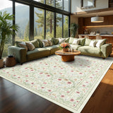 Garvee Washable 8x10 Area Rug Vintage Floral Non-Slip Low Pile Stain Resistant Soft Large Carpet Beige Green for Living Room Bedroom Dining Room Kitchen - Beige+Green