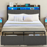 Garvee Queen Bed Frame with 2-Tier Storage Headboard, Upholstered Platform Bed Frame with 2 Storage Drawers, Built in Charging Station & LED, Noise-Free/Metal Support/No Box Spring Needed, Brown
