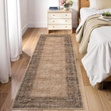 Garvee Vintage Border Runner Rug Non Slip Kitchen Runner Mat 2x6 Brown Low Pile Stain Resistant Boho Area Rug for Hallway Living Room Bedroom Dining Room