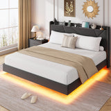 Garvee King Floating Bed Frame with LED Lights & Charging Station, Upholstered Platform Bed, Black, King Size, Storage Headboard - Black