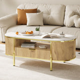 Garvee 48 in Oval Coffee Table with Faux Marble Top and Gold Metal Decor for Living Room, Natural Oak