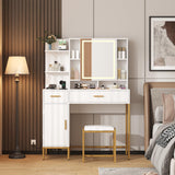Garvee 42.5" Makeup Vanity Desk with Stool, HD Lighted Mirror, Power Outlet, White, Bedroom Dressing Table, Wooden with Metal Legs - White