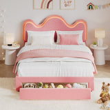 Garvee Queen Bed Frame with Adjustable Headboard and Storage Drawer, Boucle Upholstered Platform Bed, Pink, Kids Bedroom, Lamb Fleece Fabric, Wooden Slats Support
