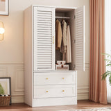Garvee 65" Louvered Armoire Wardrobe Closet with 2 Doors and 2 Drawers, Large Capacity Storage, White, Bedroom, Cloak Room, Laundry Room, Entrance Hall - White