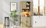 Garvee 71" Tall Pantry Cabinet with Countertop, LED Light Strip, Microwave Shelf, Adjustable Shelves for Dining Room, Oak
