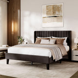 Garvee Full Size Velvet Upholstered Platform Bed Frame with Wingback Headboard Black - Black