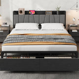 Garvee Full Size Bed Frame with Storage Headboard, Industrial Full Platform Bed with 2 Large Drawers, Charging Station, Black
