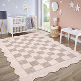 Garvee 10' x 13' Modern Checkered Area Rug, Machine Washable Non-Slip Low-Pile Scalloped Rug for Living Room, Bedroom & Dining Room, Beige