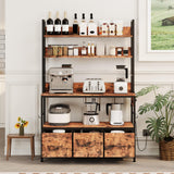 Garvee Kitchen Bakers Rack with Storage and Power Outlet, 5-Tier Industrial Microwave Stand, Metal Frame, Farmhouse Coffee Bar Cabinet, Brown