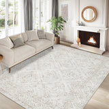 Garvee Large Living Room Area Rug 8x10 - Machine Washable Vintage Geometric Neutral Rug Non-Shedding Low Pile Distressed Farmhouse Carpet Beige/Taupe - Moroccan|Ivory