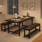 Garvee 63 in Extendable Dining Table Set with 2 Upholstered Benches for 4-6 People, Farmhouse Style, Black - Black