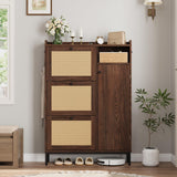 Garvee Rattan Shoe Cabinet, Dark Rustic Oak MDF and PB Entryway Storage with 3 Flip Drawers and Side Door, 35.4"X9.3"X51.7", Adjustable Shelves, PE Rattan Panels, Metal Legs, Anti-Tip Hardware, Side Hooks and Top Cubby for Hallway, Bedroom and Closet - Dark Rustic Oak