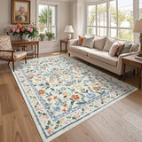 Garvee Floral 8x10 Green Washable Area Rug Non-Slip Non-Shedding Soft Vintage Living Room Rug, Low Pile Farmhouse Floral Carpet, Non-Shedding Foldable Printed Rug for Home Office Kids Playroom