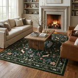 Garvee 5x7 Washable Area Rug, Non-Slip Floral Animal Print Rug with Peacock & Deer, Soft Low Pile Stain-Resistant Carpet for Living Room, Bedroom & Dining Room, Green