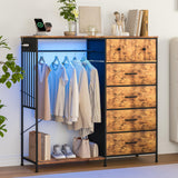 Garvee 49.2" W Dresser with Hanging Rack, 6 Reversible Drawers, LED Lights & Charging Station for Bedroom, Fabric, 49.2"x15.8"x47.2", Multi-Color - Brwon