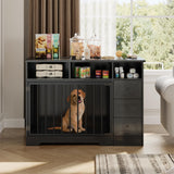 Garvee 48'' Farmhouse Dog Crate Furniture with Bowls & Storage, Heavy-Duty Kennel End Table for Medium & Small Dogs, Black, 47.8"L x 23.6"W x 33.5"H - Black