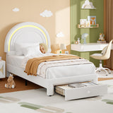 Garvee Twin Upholstered LED Bed Frame With Storage Drawer For Kids Bedroom, White, Twin Size - White