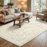 Garvee 10' x 13' Ivory Green Vintage Persian Floral Area Rug, Washable Polyester Non-Slip Low-Pile Carpet for Living Room, Bedroom and Dining Room