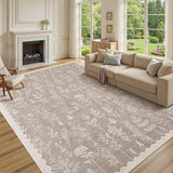Garvee Washable 9x12 Area Rugs for Living Room Scalloped Floral Bedroom Rug, Non-Slip Stain Resistant Dining Table Carpet, Botanical Large Rug Neutral Carpet for Farmhouse Dorm Home Office,Taupe