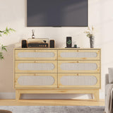 Garvee Rattan 6 Drawer TV Stand with Charging Station, 52in Wide Natural Oak Console Table for Bedroom Living Room Hallway