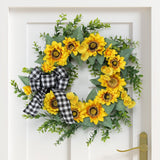 Garvee 18 Inch Artificial Sunflower Spring Wreath with Buffalo Check Bow for Farmhouse Porch, Window, Wall Decor, Green & Yellow