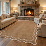 Garvee Scalloped Area Rugs 8x10 Solid Brown Washable Soft Non Slip Backing for Living Room Bedroom Dining Room