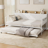 Garvee Daybed with Trundle and LED Light, Twin Size Bed Frame with Upholstered Headboard and Charging Station for Living Room, Bedroom, Guest Room, White - White