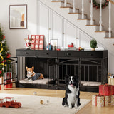 Garvee Dog Crate Furniture for 2 Dogs with 4 Storage Drawers and Feeding Bowls, Indoor Double Dog Crate TV Stand, Small Medium Dogs, Black - Black