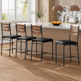 Garvee Bar Stools Set of 4 with Back and Thick Cushion, Brown Upholstered Counter Height Bar Chairs for Kitchen Island, PU Leather and Metal Frame, Black