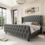 Garvee 51" Tall Queen Size Velvet Bed Frame With Button Tufted Wingback Headboard And Footboard, Grey, 51 Inches - Grey