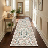 Garvee Floral Runner Rug 2x6 Washable Peacock Print Soft Non-Slip Low Pile Thin Carpet Beige for Hallway Kitchen Nursery