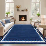 Garvee Solid Rug 9x12 Blue Washable Low Pile Non Slip Scallop Border Area Rug for Living Room Bedroom Dining Room